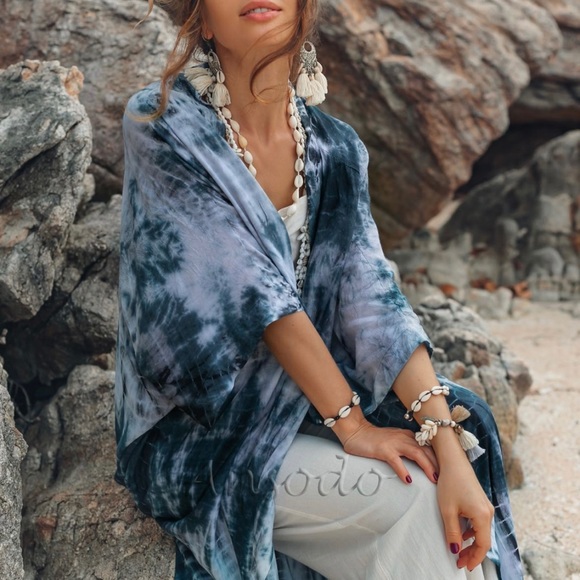 Talía Hand Tiedye Boho Maxi Kimono Duster Coverup - Picture 4 of 4